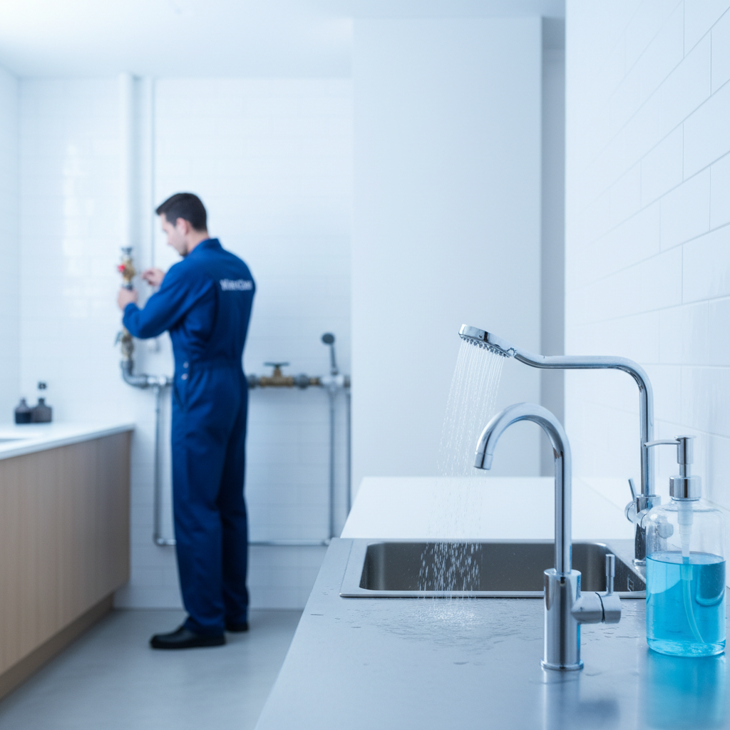 Professional plumber working in a modern bathroom